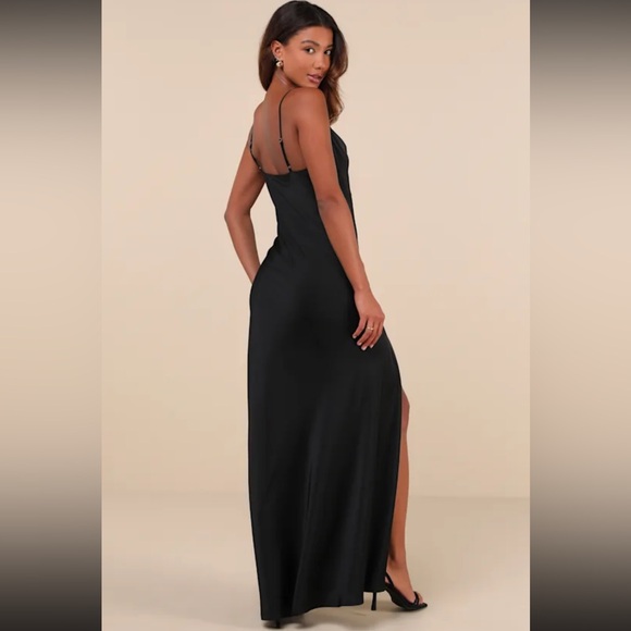 Lulus Truly A Beauty Black Satin Cowl Neck Side Button Maxi Dress M Medium - Picture 3 of 7